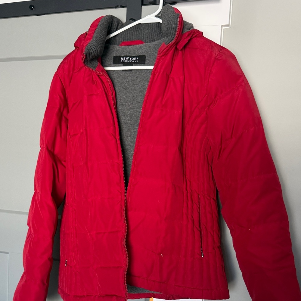 New York & Company Vibrant Red Jacket with Gray Interior